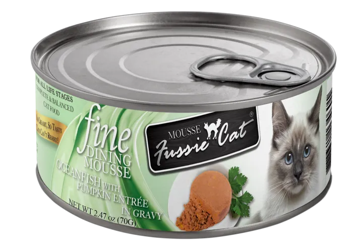 Fussie Cat Fine Dining Mousse Ocean Fish W/ Ppkn Entree Gravy Wet Cat Food Can, 2.47-oz