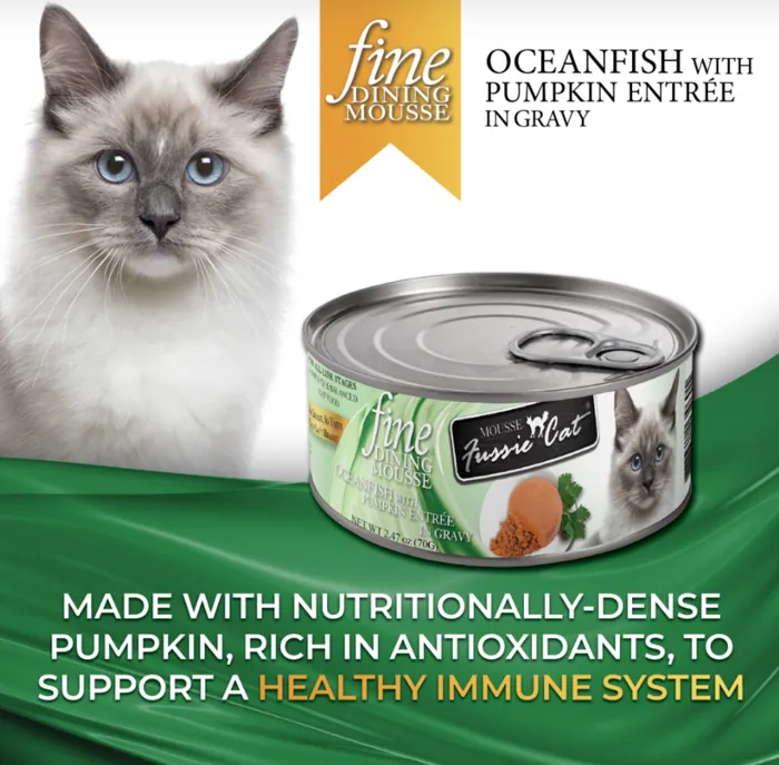 Fussie Cat Fine Dining Mousse Ocean Fish W/ Ppkn Entree Gravy Wet Cat Food Can, 2.47-oz